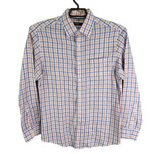 Mens Cremeux Classics Blue White & Orange Checkered Shirt 100% Linen Size M